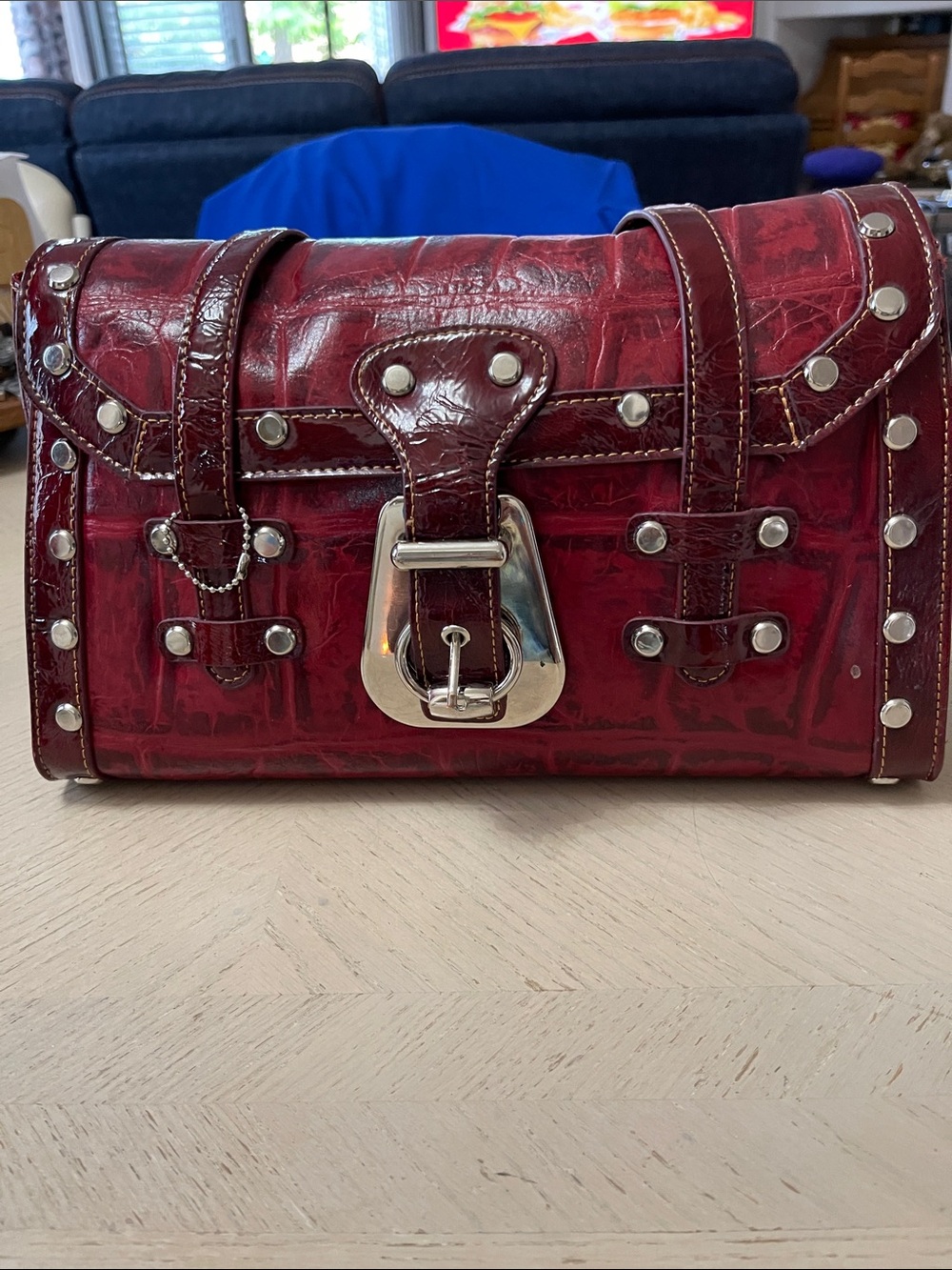 Vintage Y2K Studded Burgundy faux Croc-Embossed Shoulder Bag